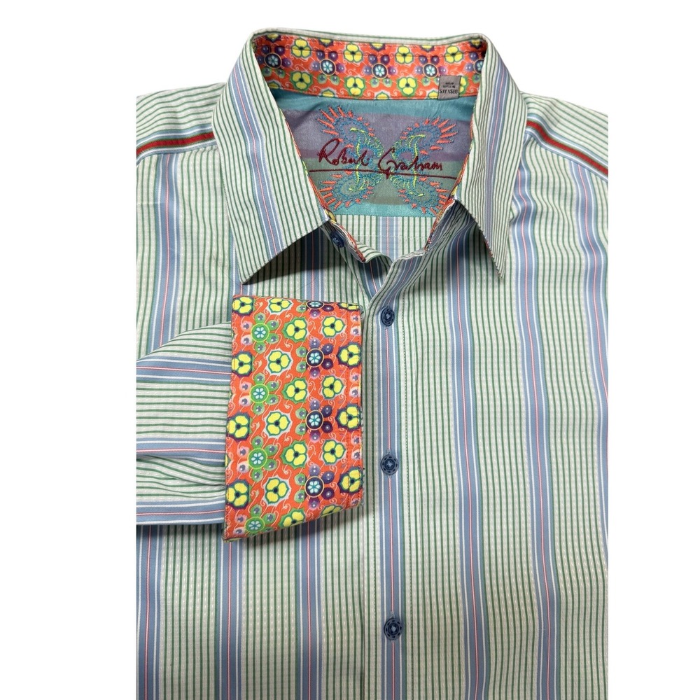 Robert Graham Mens 2XL Striped Button Down Shirt Green Blue Contrast Cuffs